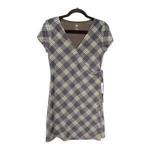 SO Juniors Womens Navy Green Plaid‎ Short Sleeve Faux Wrap Mini Dress Sz Small